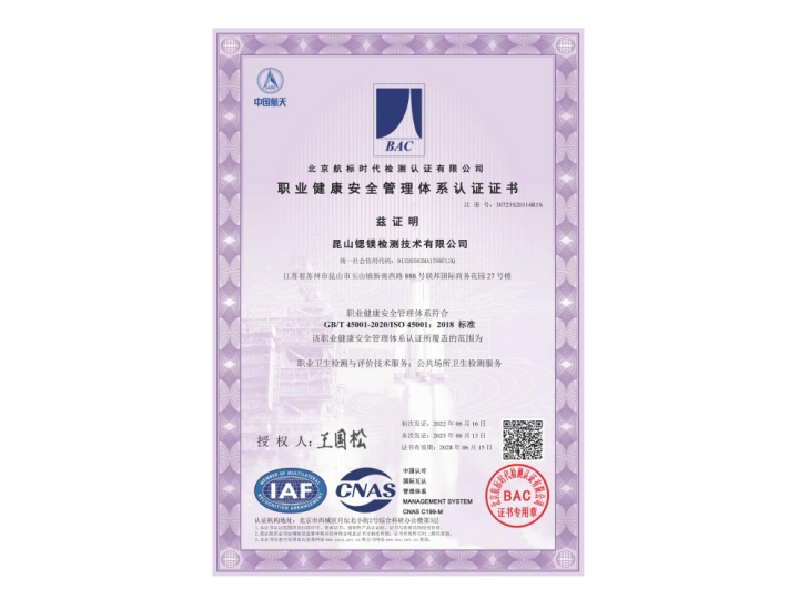 昆山锶镁检测技术有限公司-职业健康安全管理体系证书